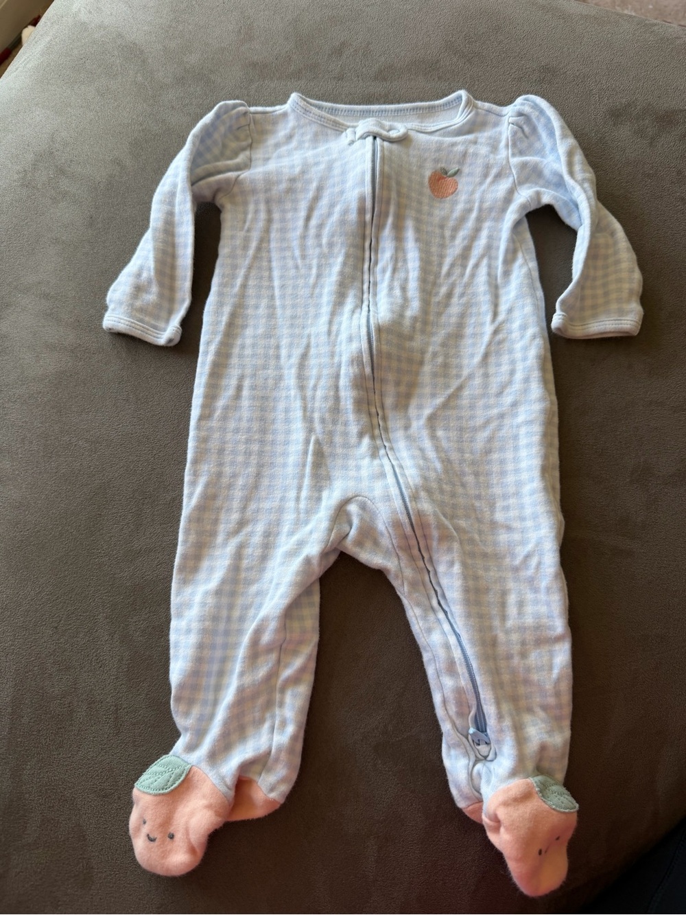 Carters Blue Gingham Baby One-Piece Footed Sleeper with Peaches
